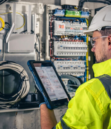 man-electrical-technician-working-switchboard-with-fuses-uses-tablet man-electrical-technician-working-switchboard-with-fuses-uses-tablet